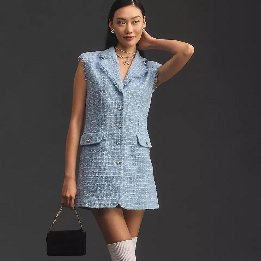 Maeve Anthropologie Tweed Blazer Mini Dress /Long Vest Sleeveless Ice Blue 🩵